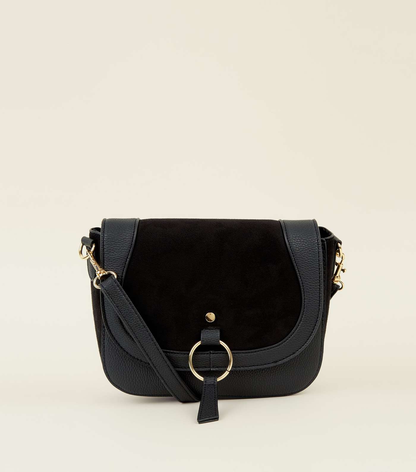 Black Leather-Look Ring Front Saddle Bag