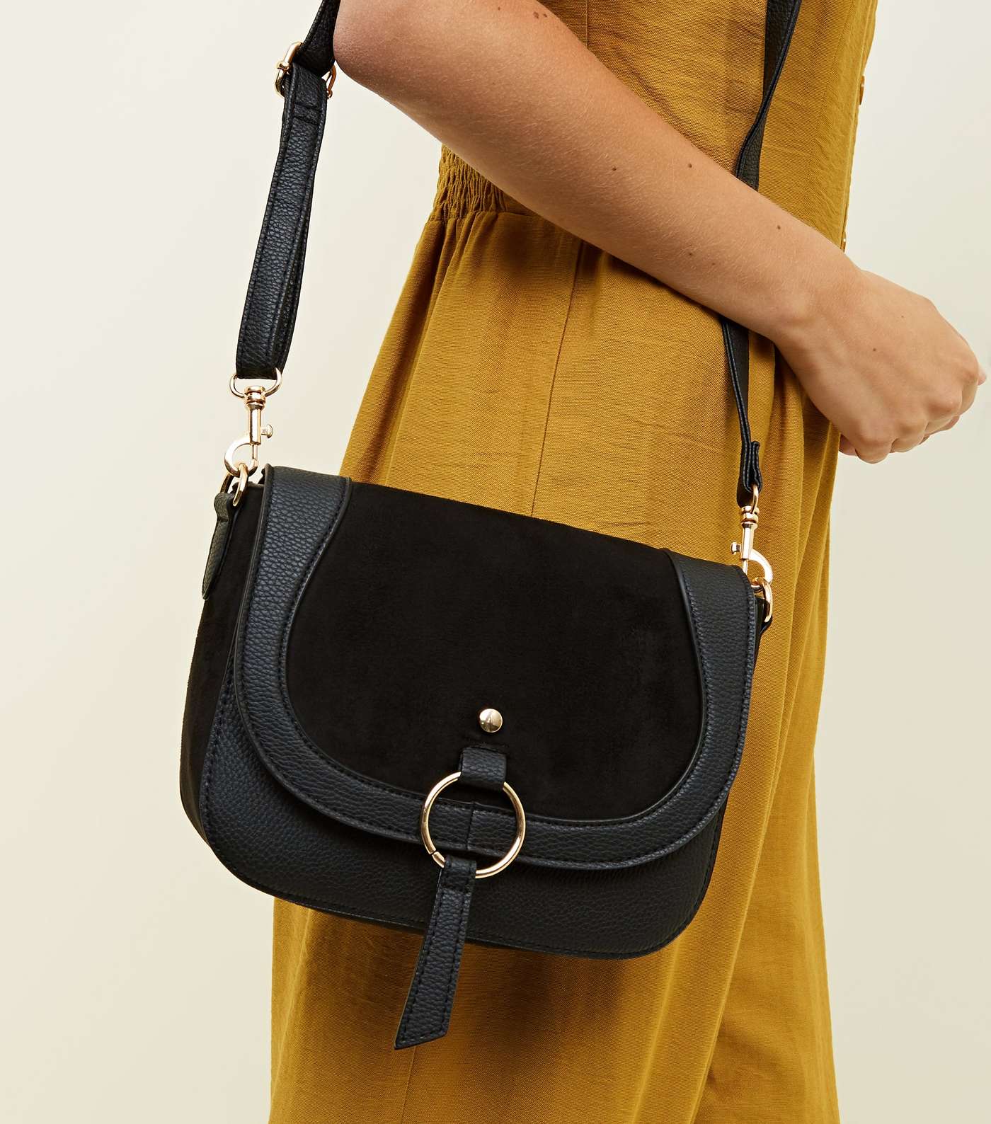 Black Leather-Look Ring Front Saddle Bag Image 5