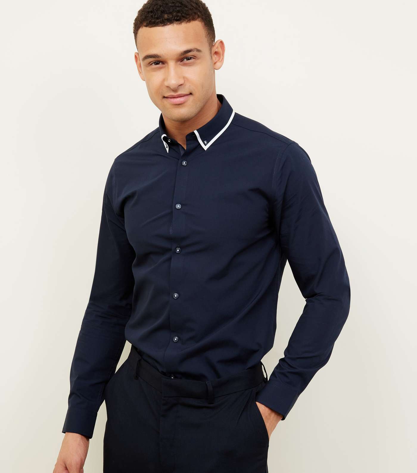 Navy Tipped White Collared Shirt