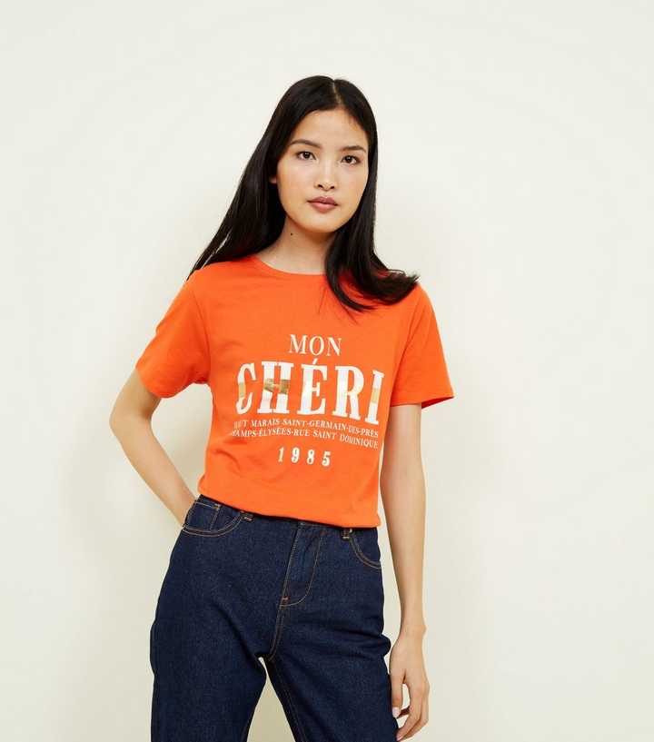 orange slogan t shirt