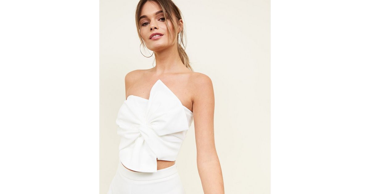 White Strapless Bow Front Crop Top