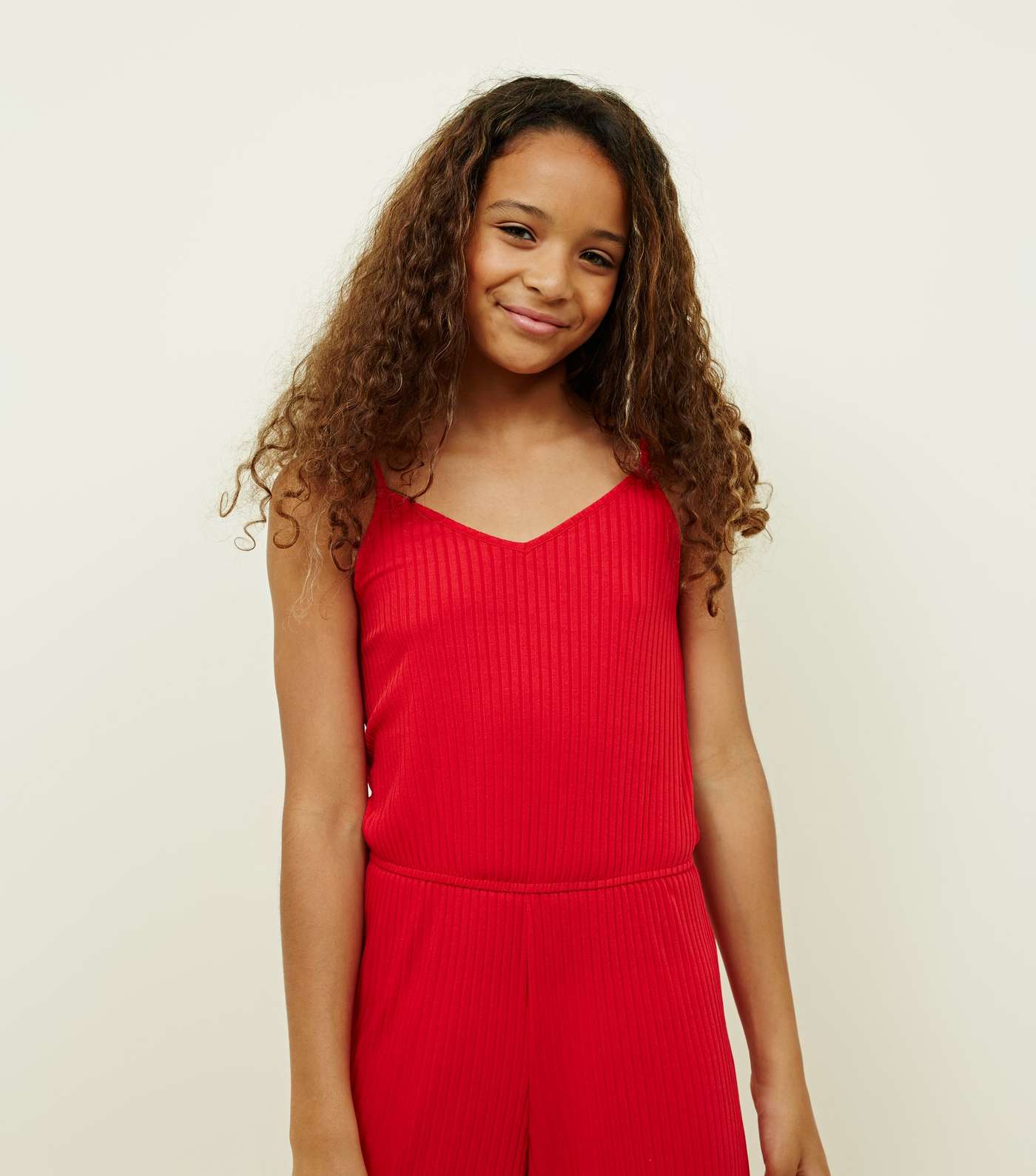 Girls Red Ribbed Strappy Jumpsuit Image 2