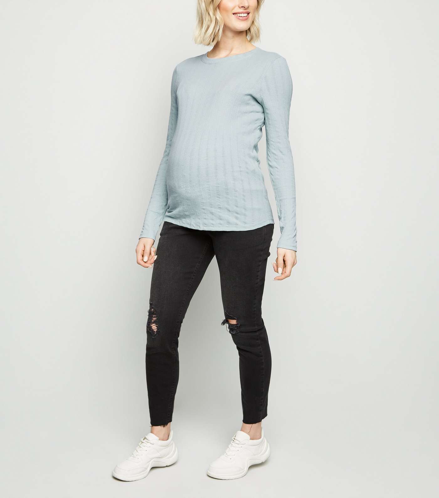 Maternity Mint Green Ribbed Long Sleeve Top Image 2