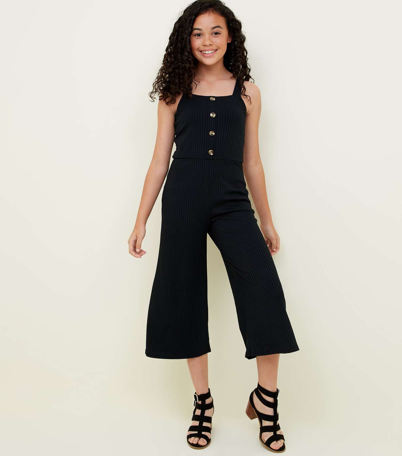 Girls Black Ribbed Button Front Jumpsuit
