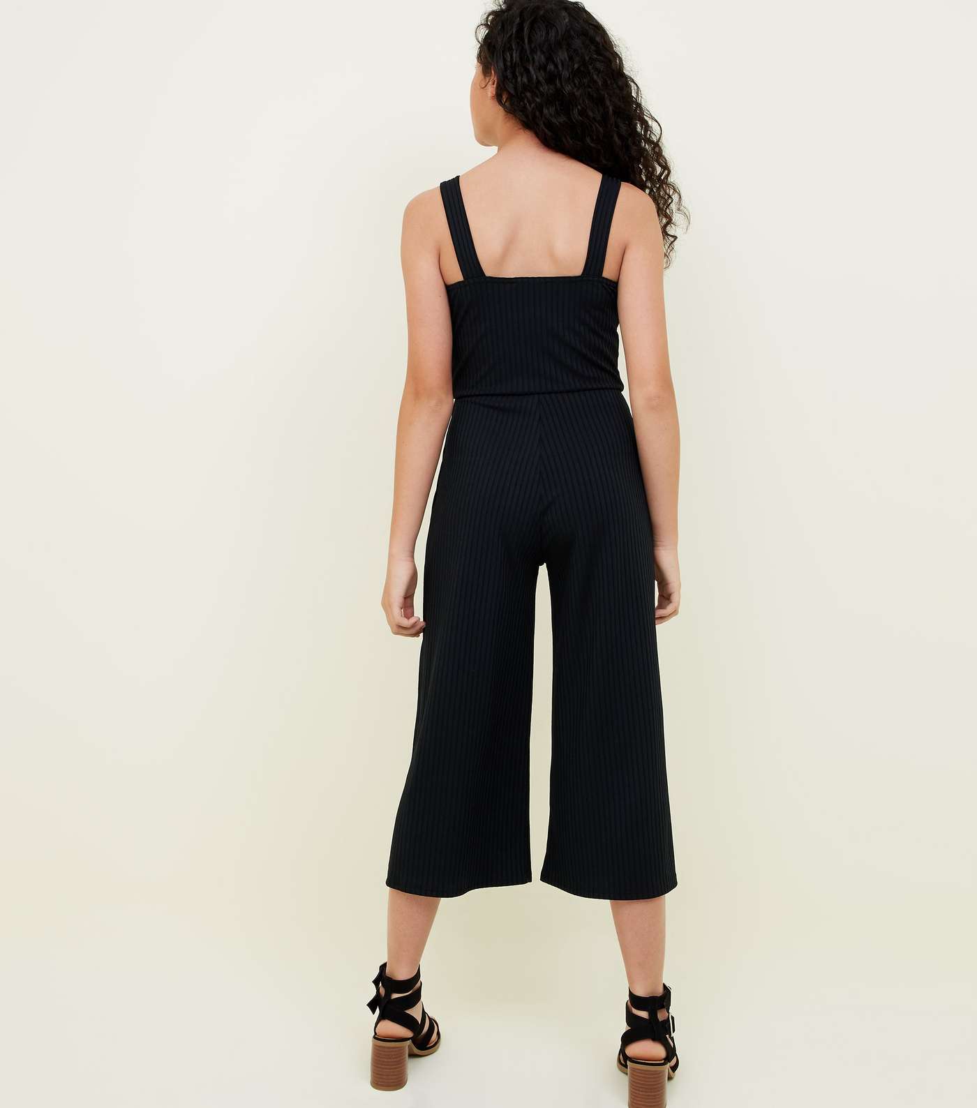 Girls Black Ribbed Button Front Jumpsuit Image 3