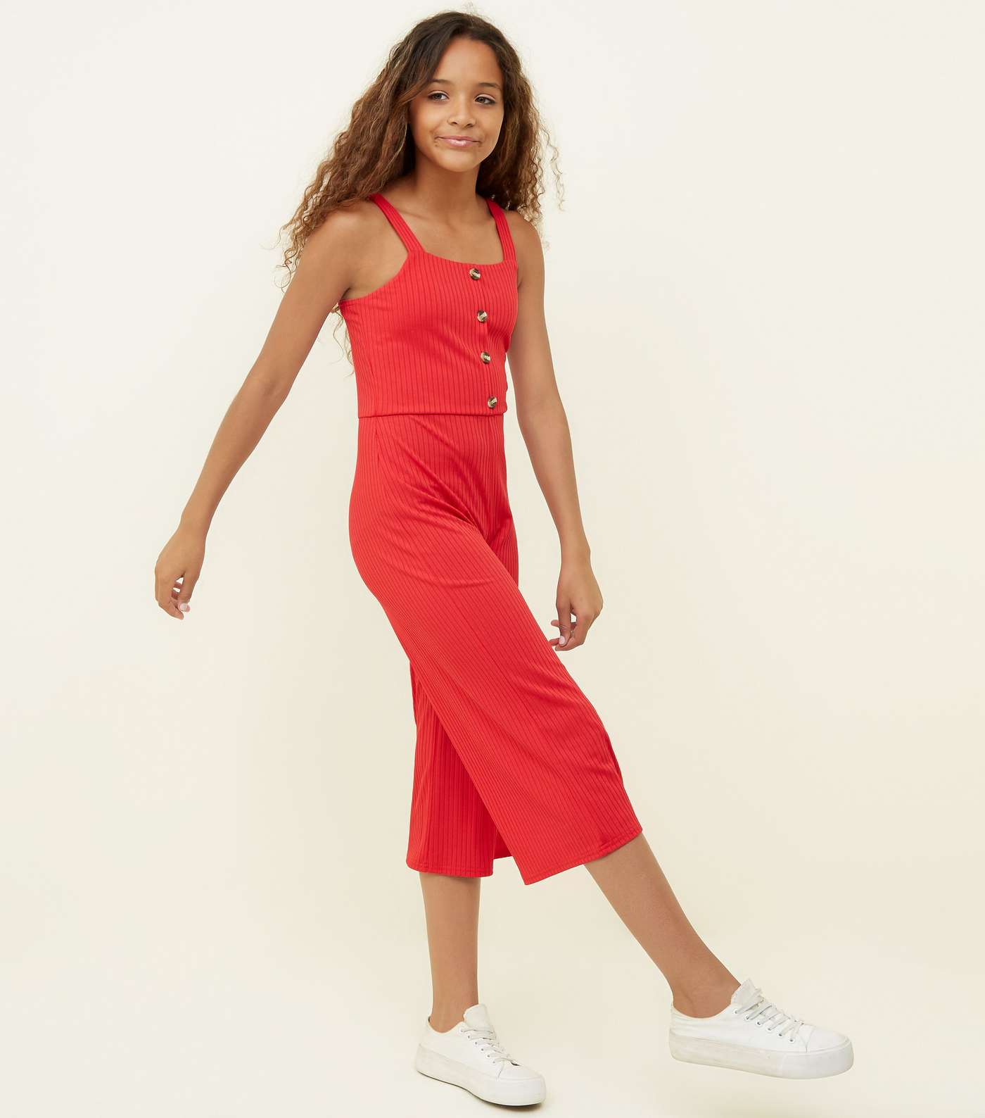 Girls Red Ribbed Button Front Jumpsuit