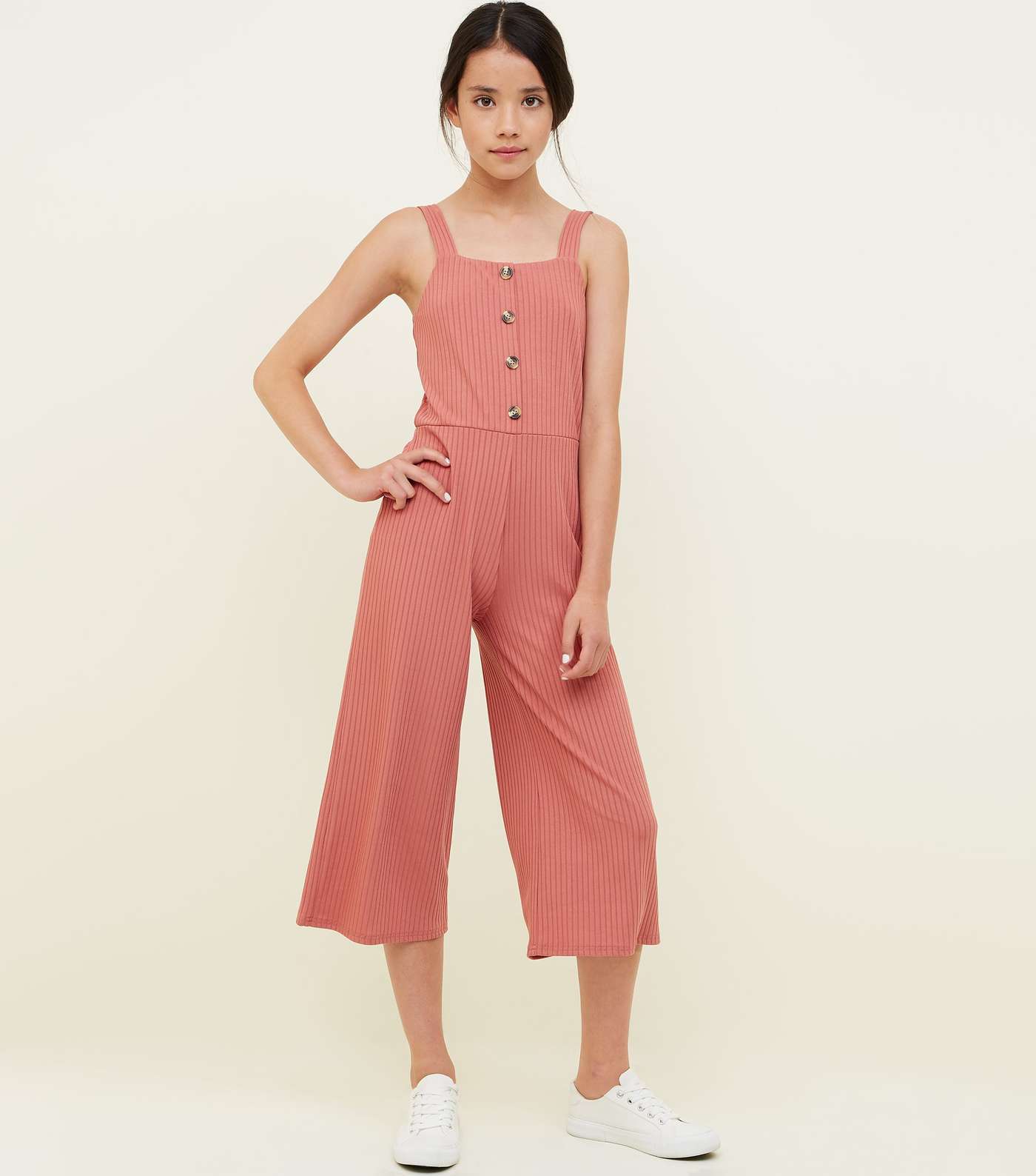 Girls Coral Ribbed Button Front Jumpsuit Image 2