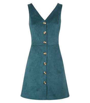 Dark Green Suedette Button Through Pinafore Dress New Look