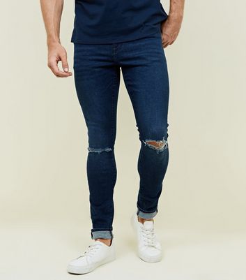 Indigo Ripped Knee Skinny Stretch Jeans New Look