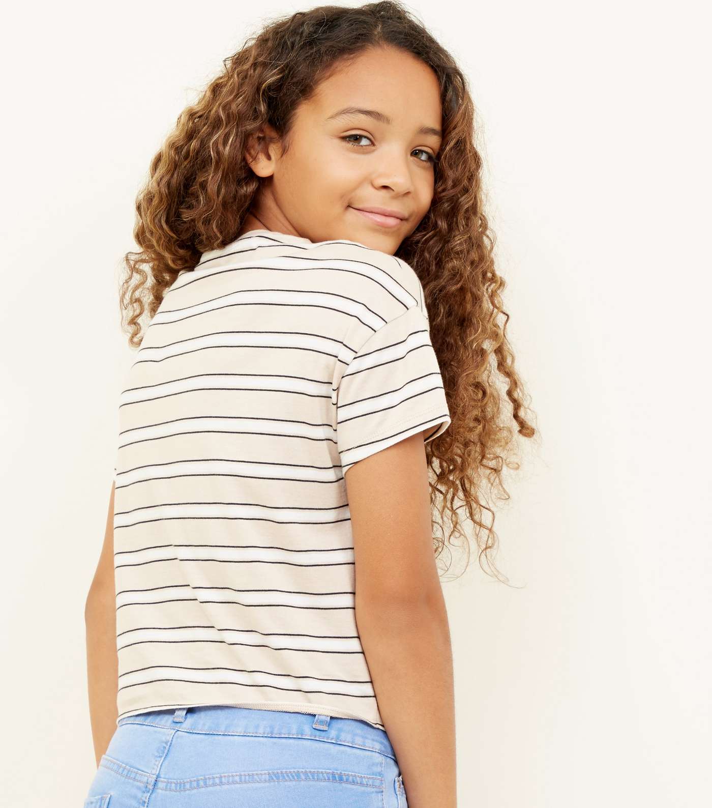 Girls Brown Stripe Tie Front T-Shirt Image 3