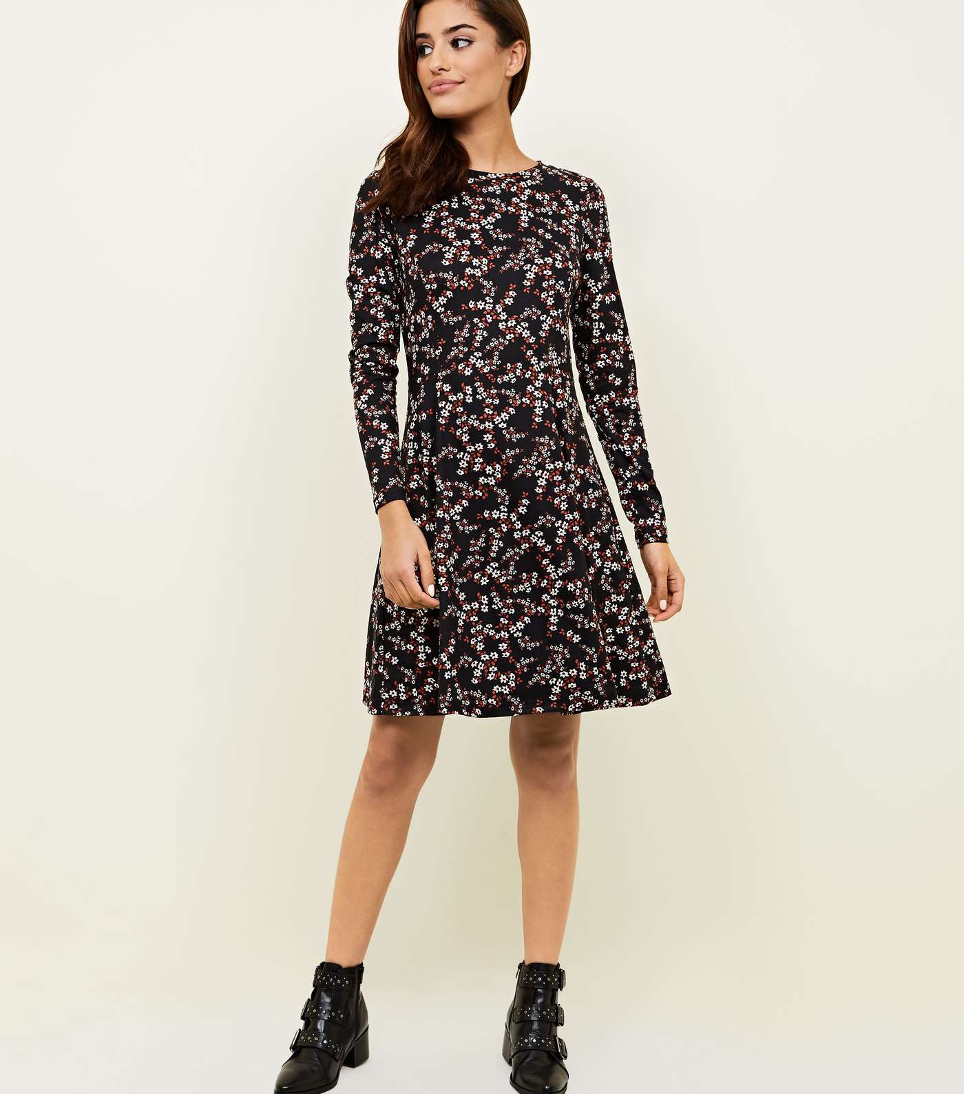 Black Floral Soft Touch Long Sleeve Dress 