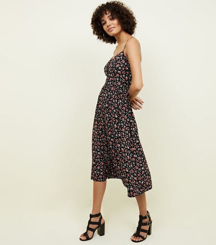 Black Ditsy Floral Button Through Midi Dress | New Look