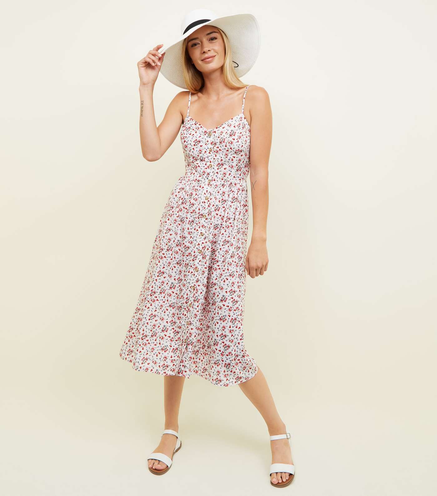 White Ditsy Floral Button Front Dress 