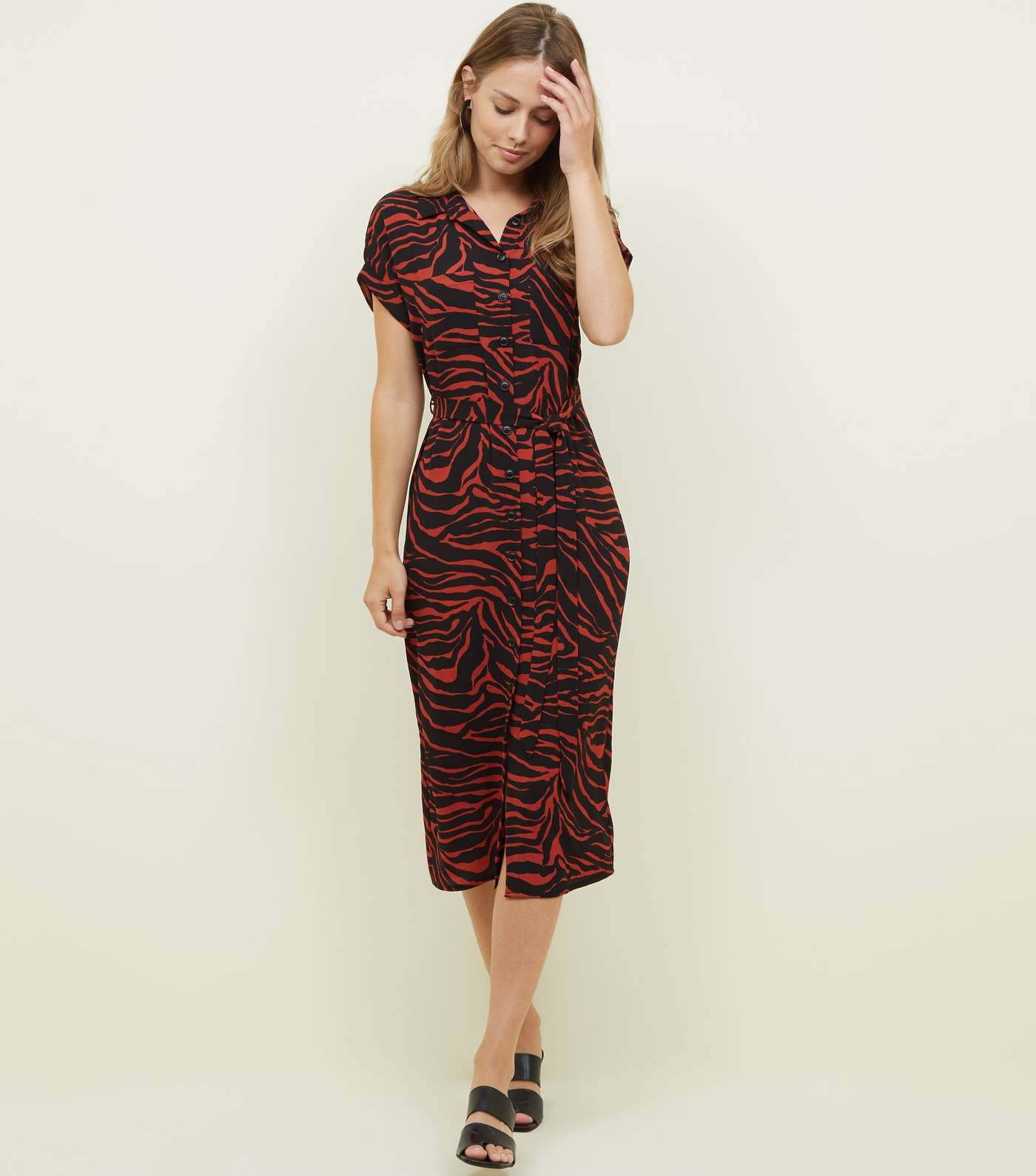 Red Zebra Print Midi Shirt Dress  Image 2