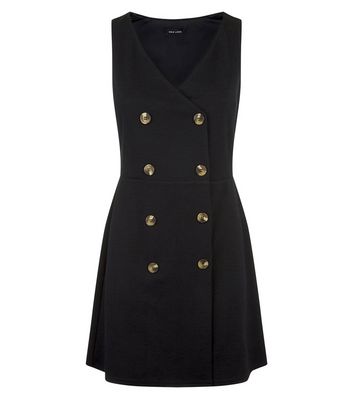 Black V Neck Double Breasted Pinafore Dress New Look