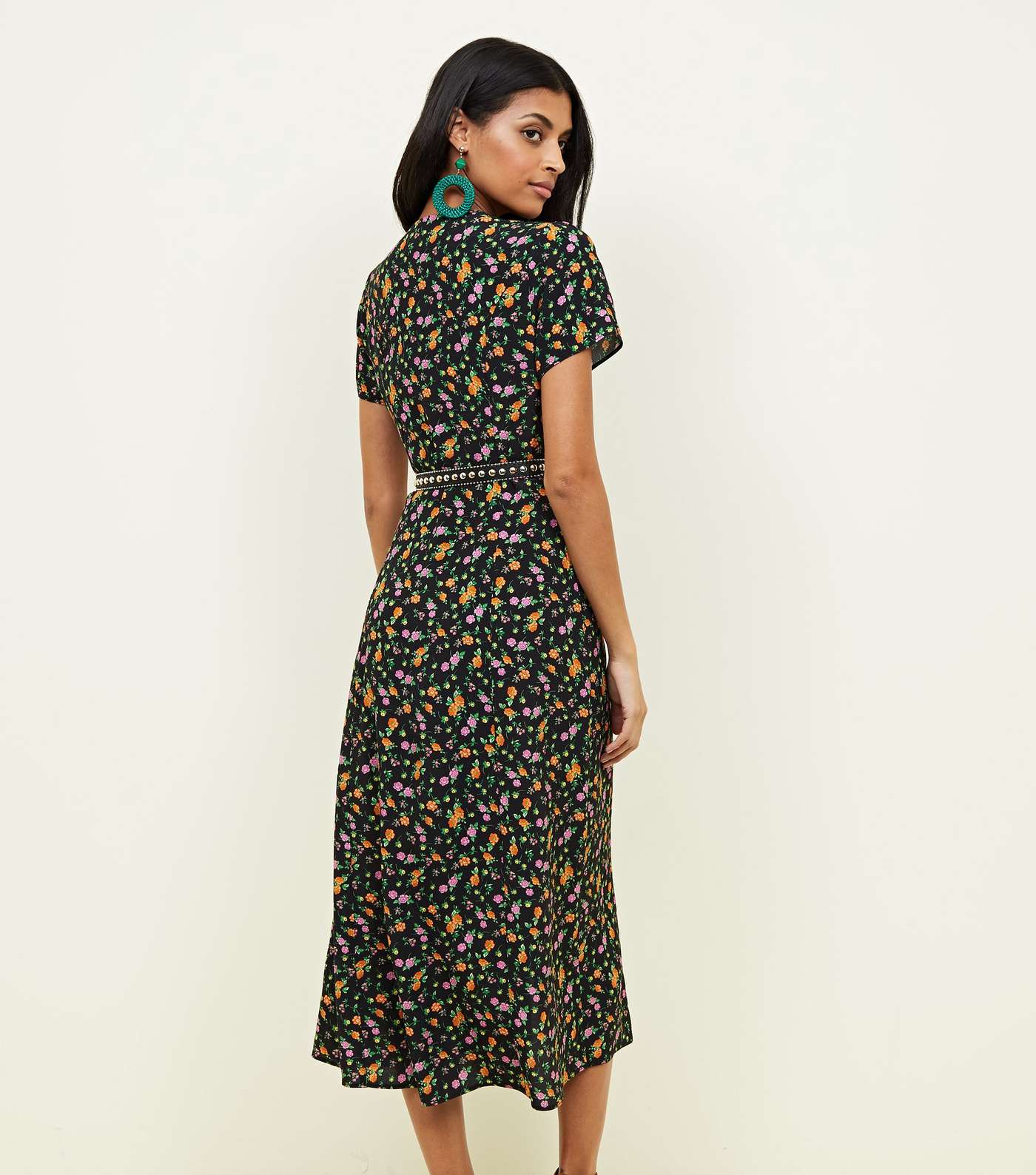 Black Bright Floral Button Through Midi Tea Dress Image 3