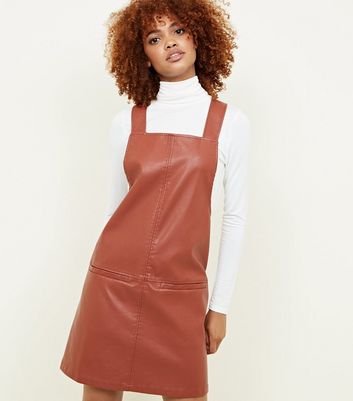 brown leather pinafore dress