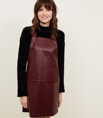 Burgundy Leather Look Pinafore Dress