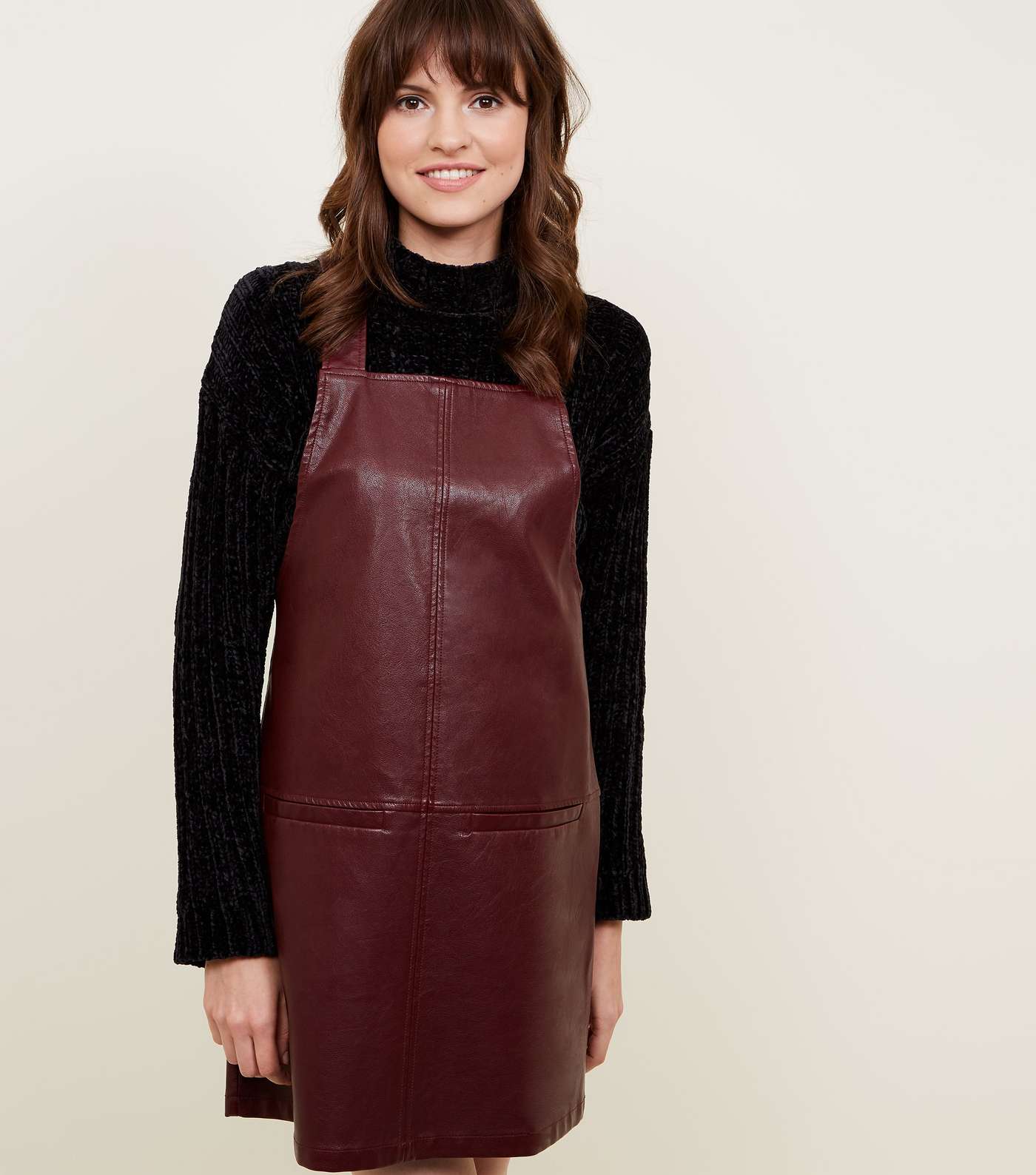 Burgundy Leather-Look Pinafore Dress
