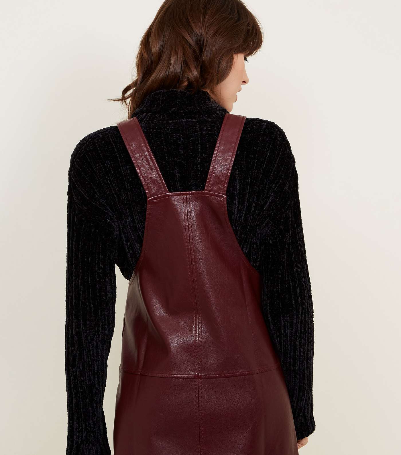 Burgundy Leather-Look Pinafore Dress Image 3