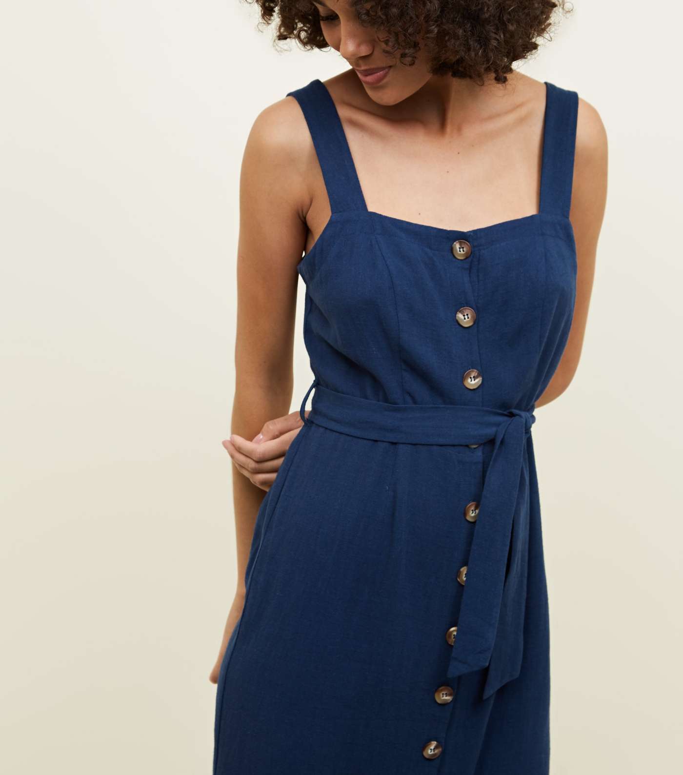 Navy Belted Button Front Midi Dress  Image 2