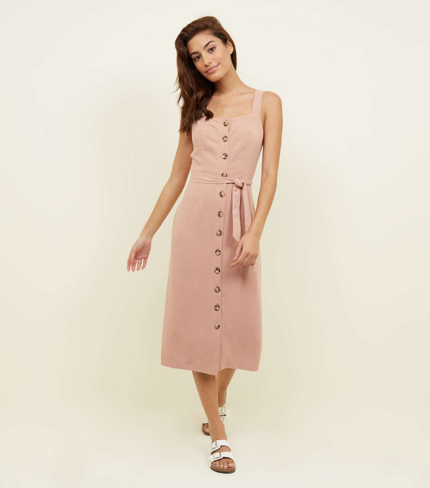 Pale Pink Belted Button Front Midi Dress