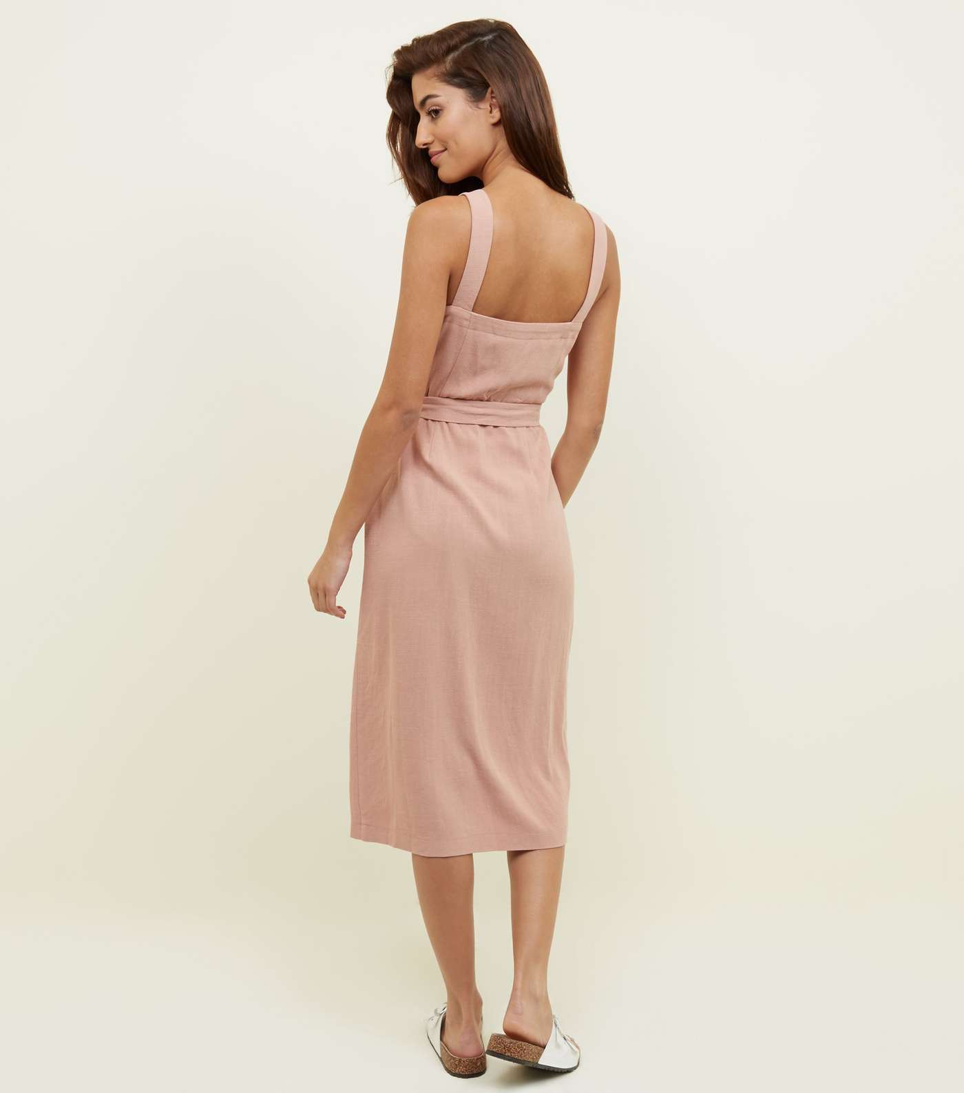 Pale Pink Belted Button Front Midi Dress Image 3