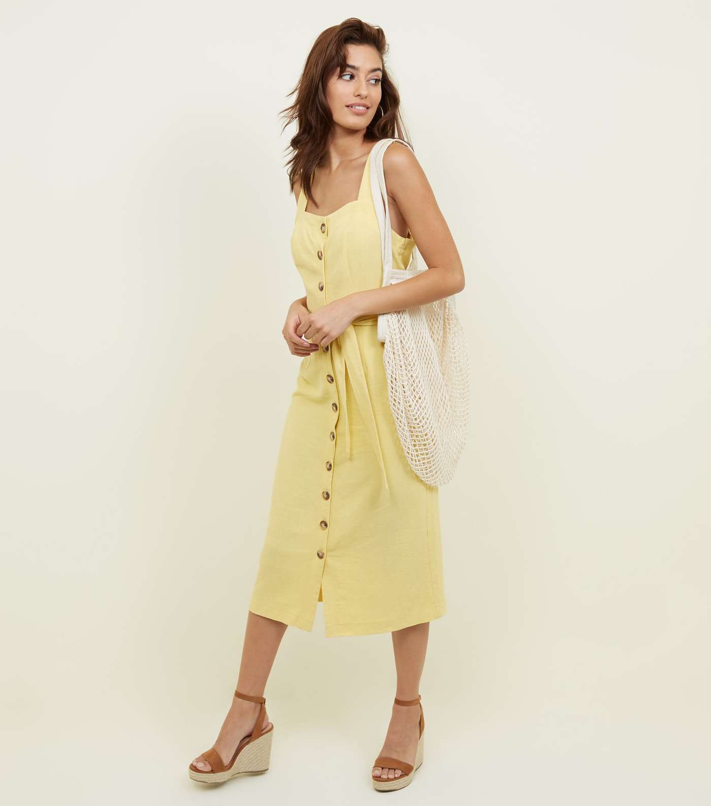 Yellow Belted Button Front Midi Dress 