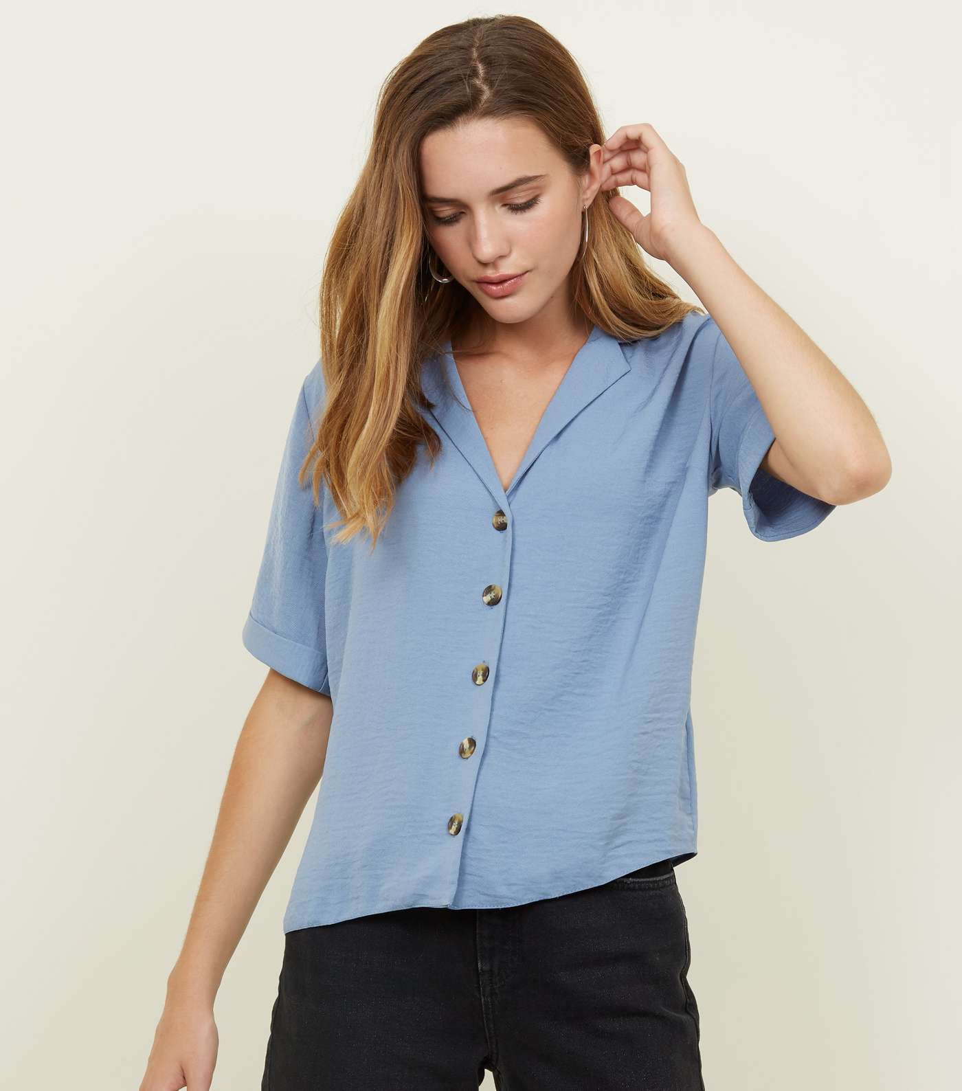 Pale Blue Button Front 1/2 Sleeve Boxy Shirt