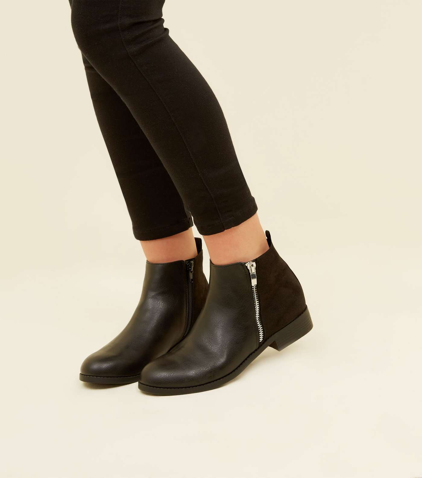 Girls Black Side Zip Suedette Panel Ankle Boots Image 2