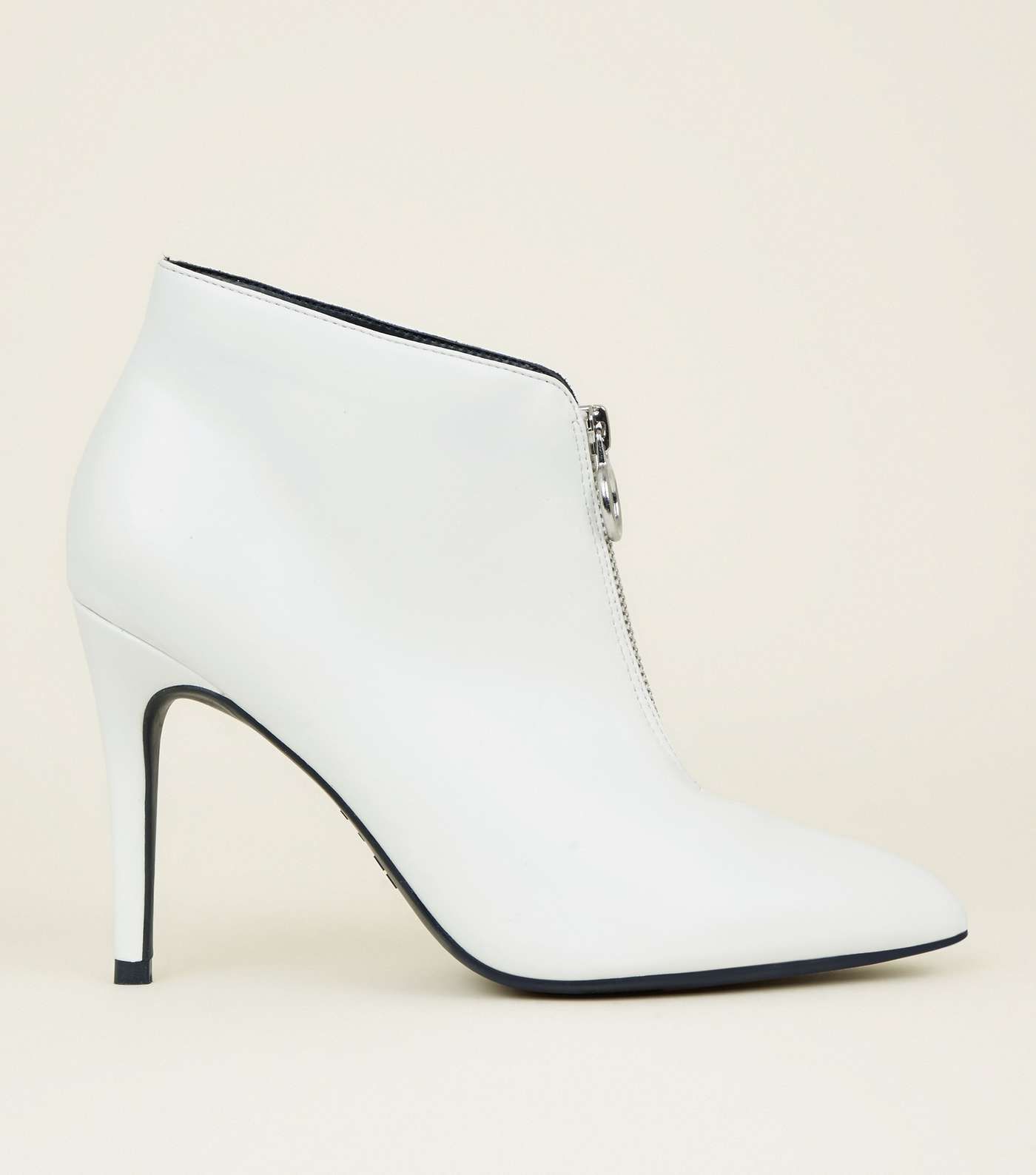 White Ring Zip Front Stiletto Ankle Boots