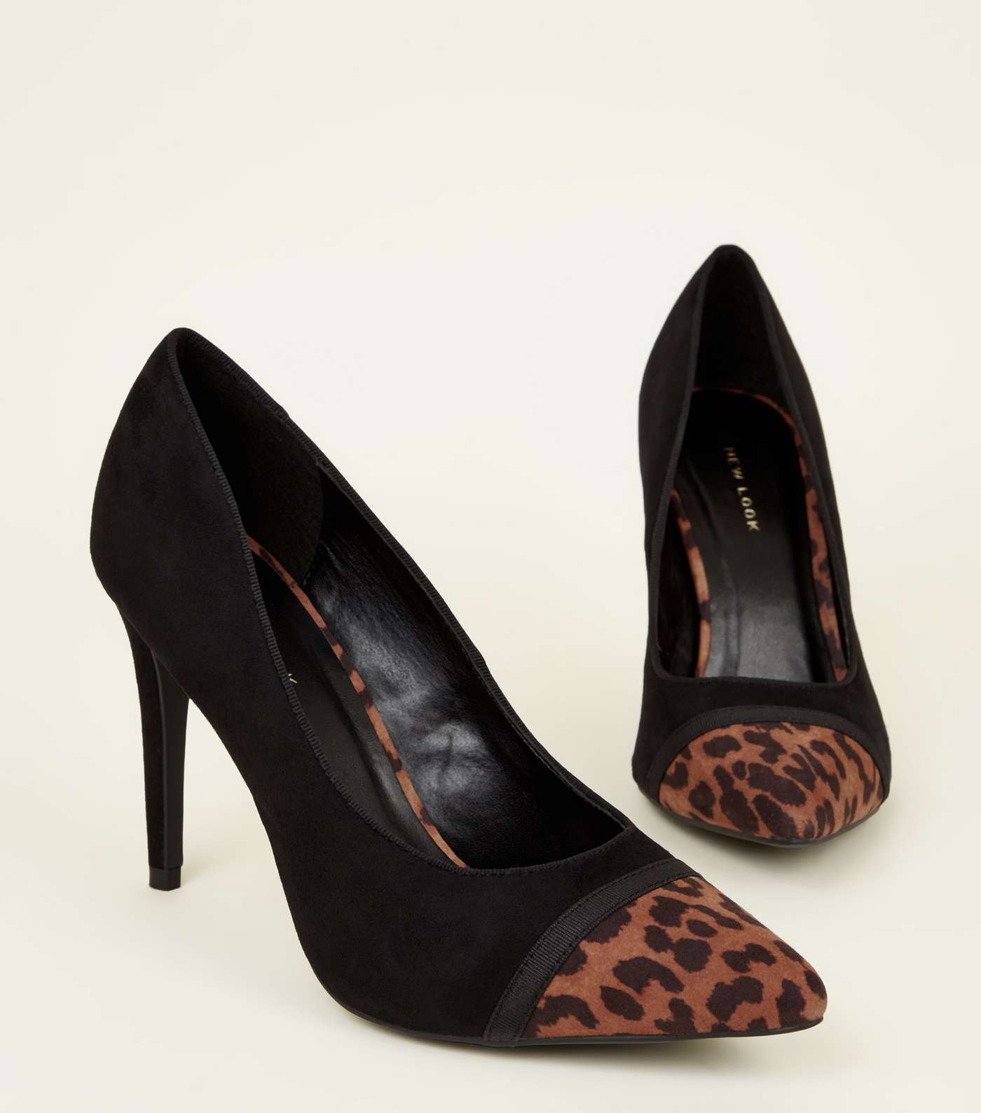 Black Suedette Leopard Print Toe Cap Court Shoes Image 4