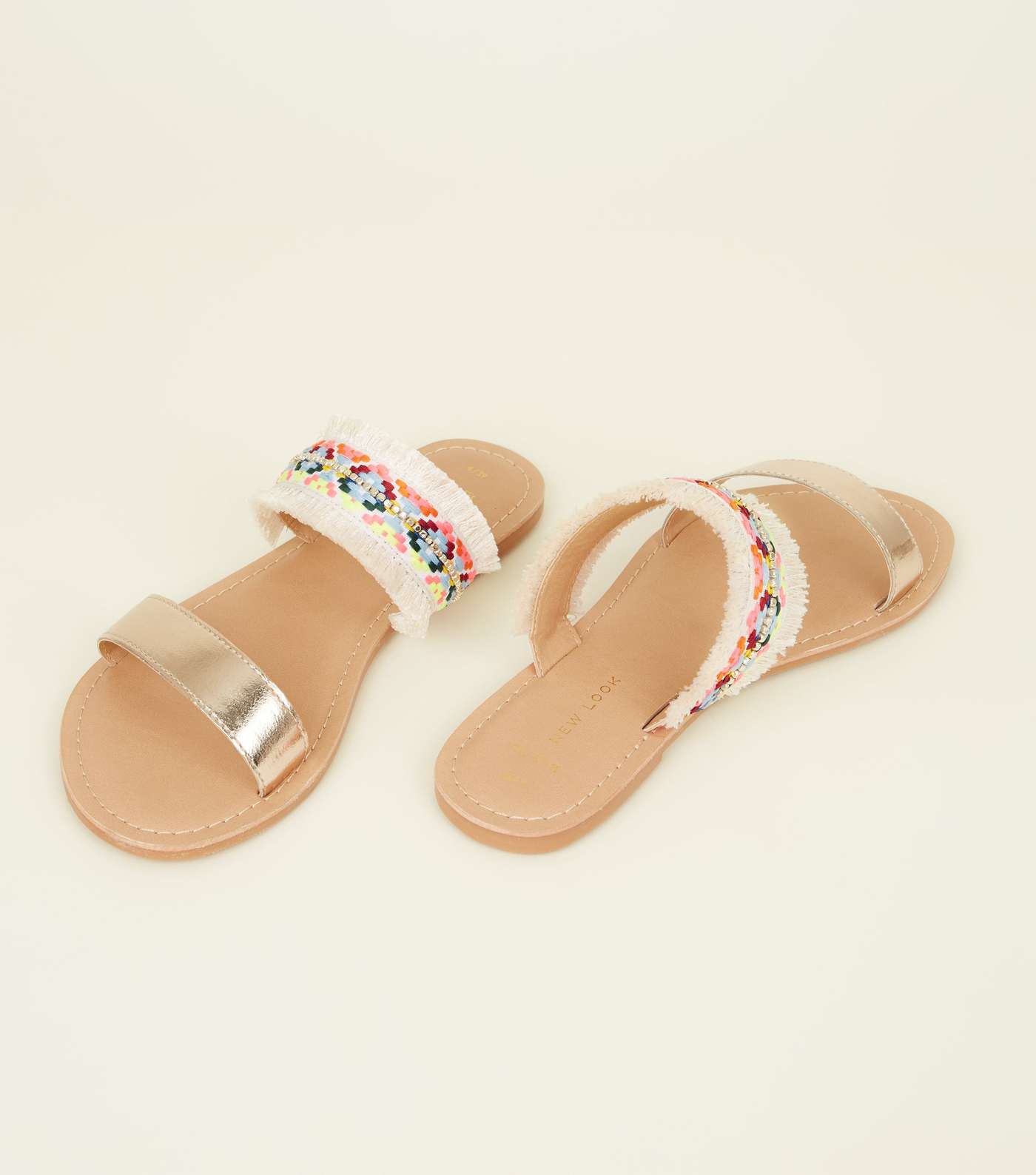Wide Fit Gold Leather and Woven Strap Sandals Image 3
