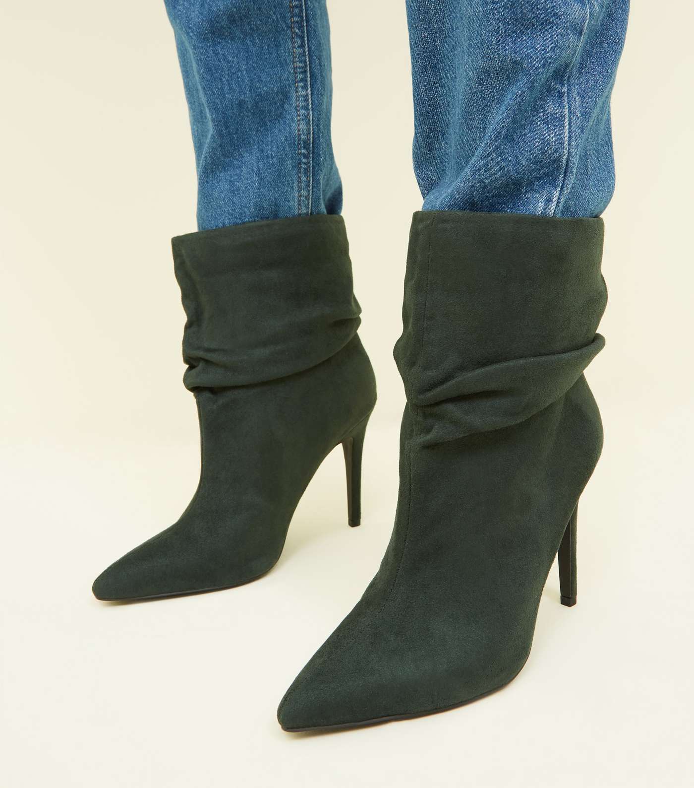 Wide Fit Dark Green Suedette Stiletto Slouch Boots Image 2