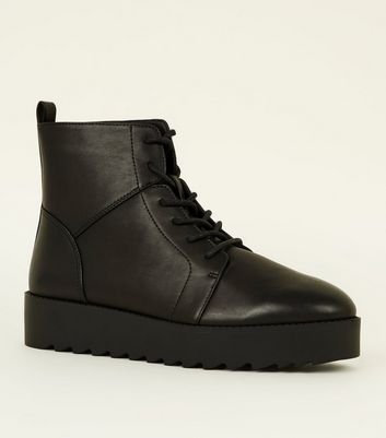 new look chunky flatform lace up flat boot in black