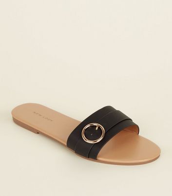 black mules gold buckle