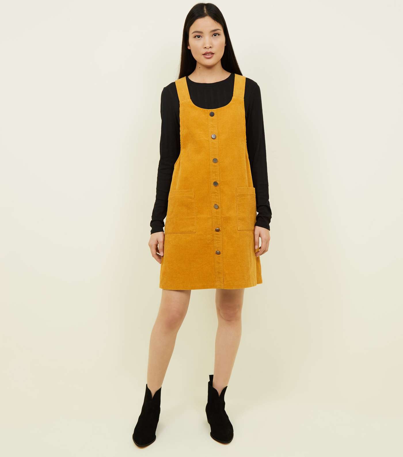 Mustard Button Front Corduroy Pinafore Dress Image 2
