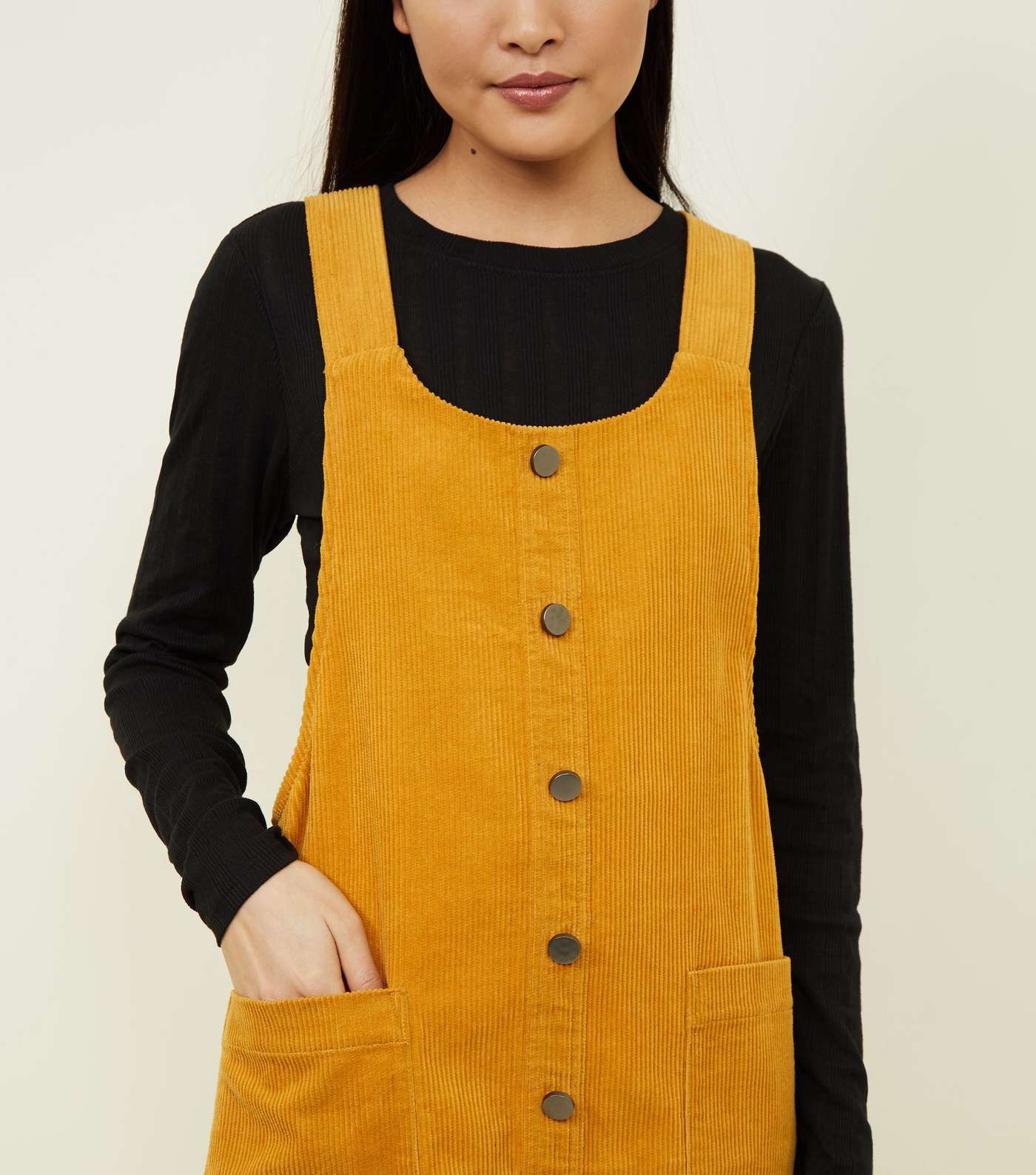Mustard Button Front Corduroy Pinafore Dress Image 4