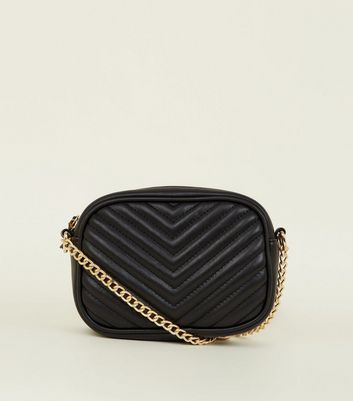 Black Chevron Quilted Camera Bag New Look