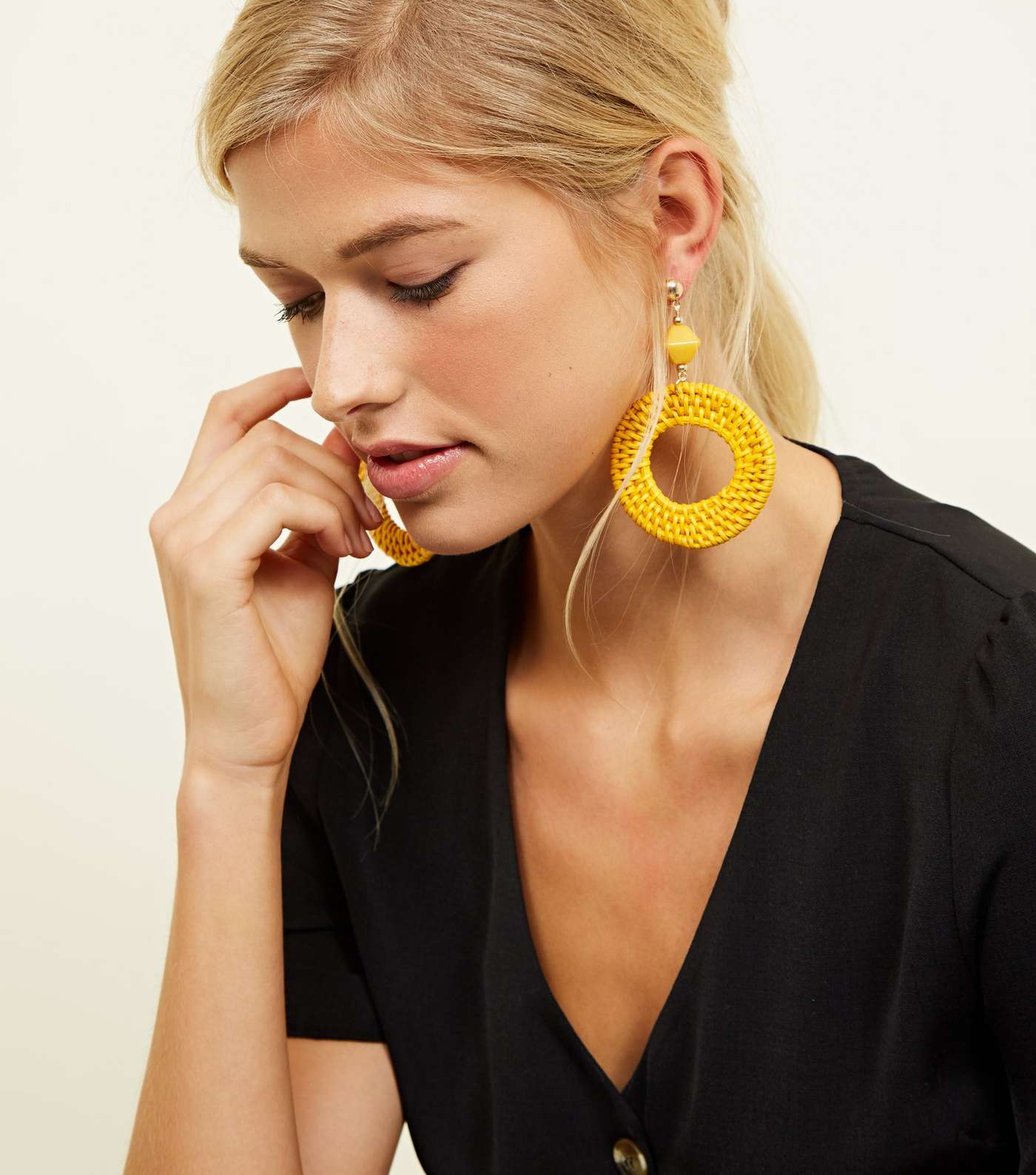 Mustard Raffia Hoop Drop Earrings Image 2