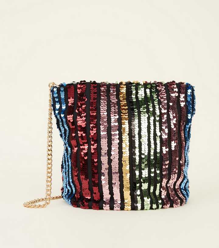 Rainbow Sequin Stripe Bucket Bag