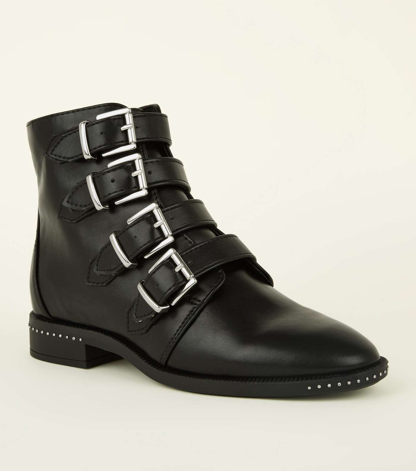 Girls Black Buckle Strap Studded Ankle Boots