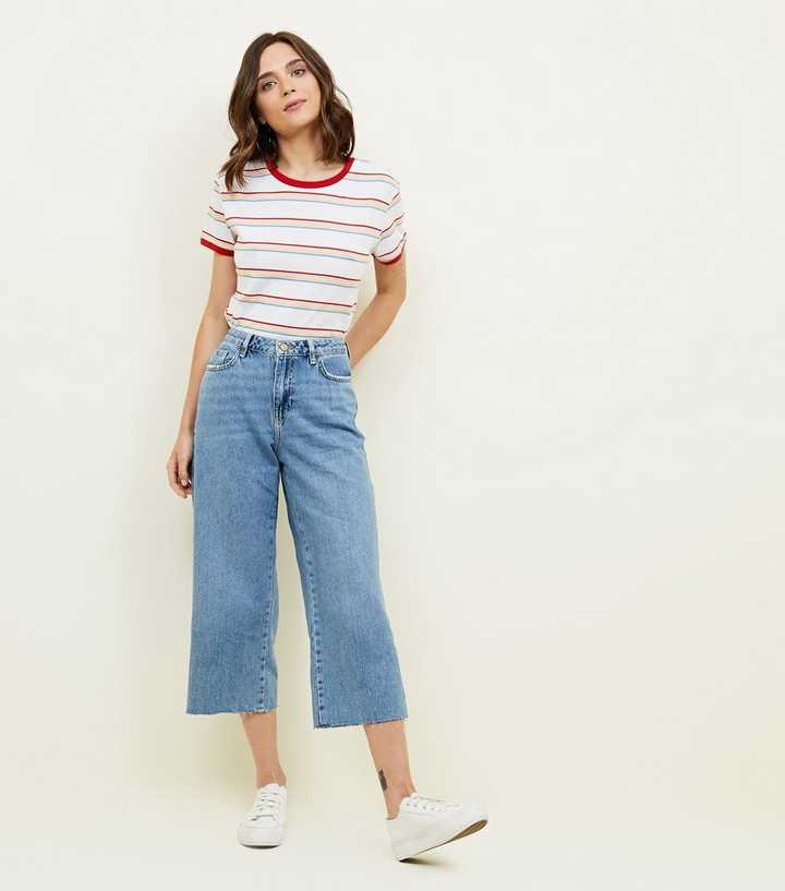 Blue Fray Hem Cropped Wide Leg Jeans
