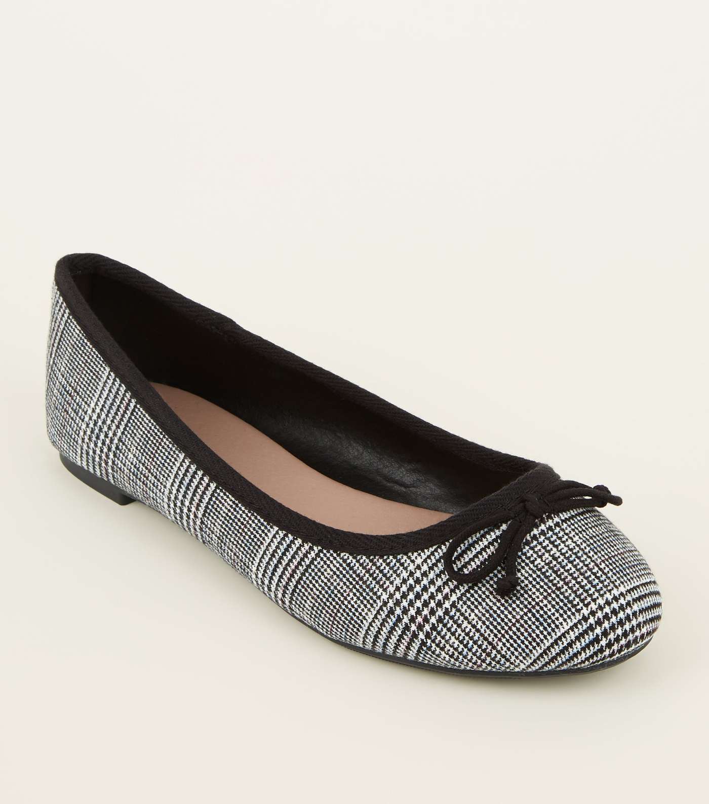 Wide Fit White Check Bow Ballet Pumps