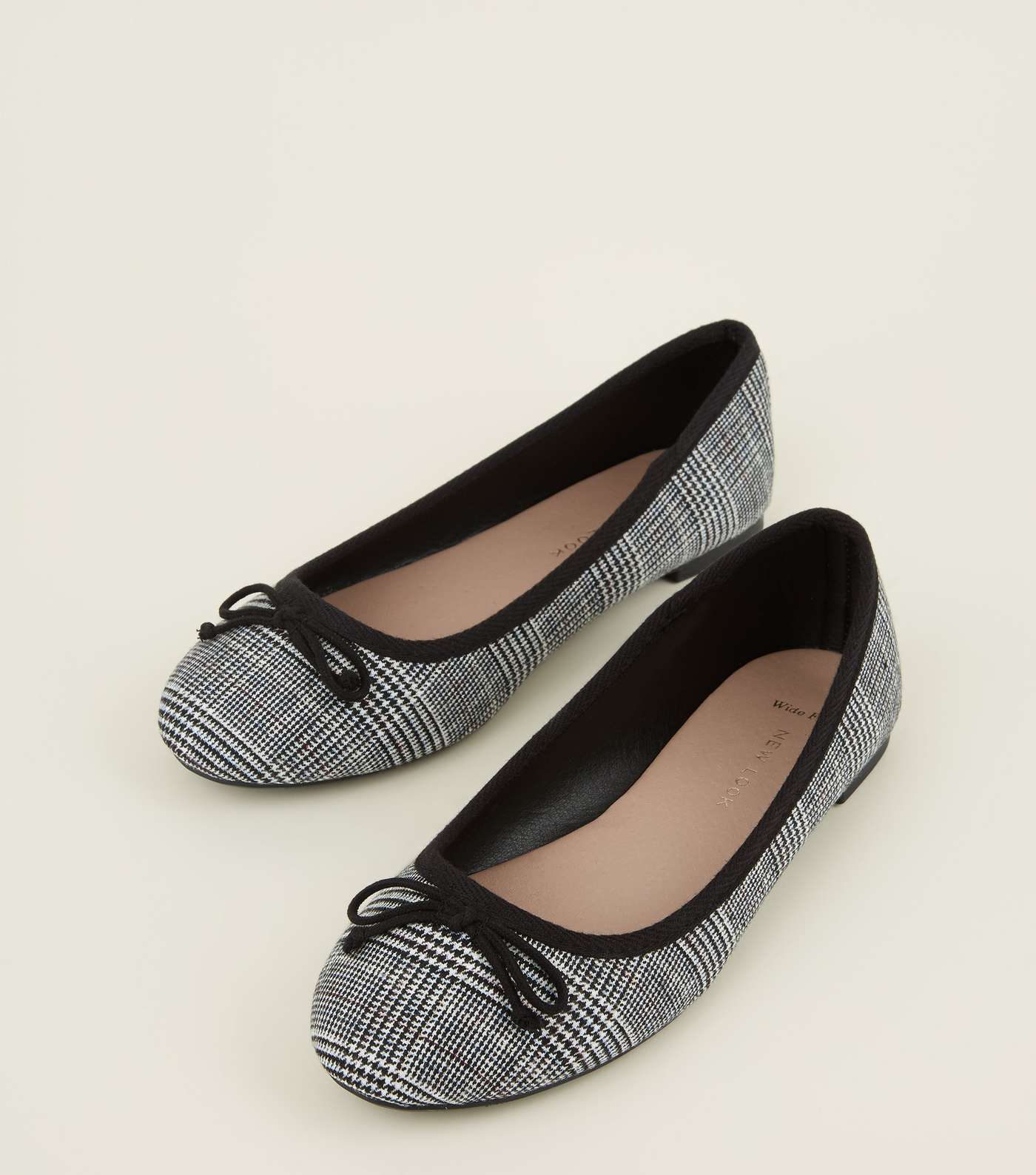 Wide Fit White Check Bow Ballet Pumps Image 3