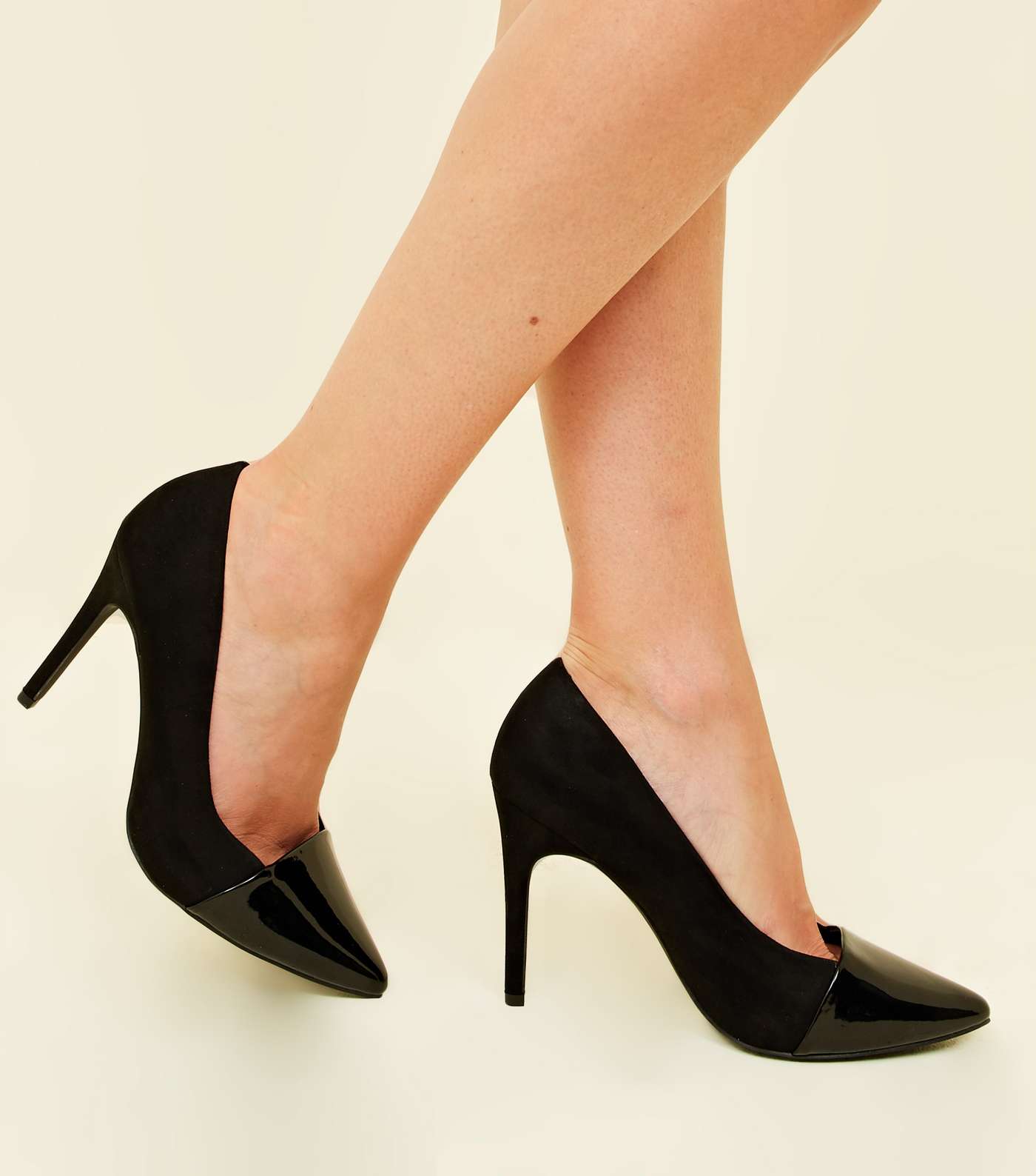 Wide Fit Black Suedette and Patent Pointed Court Shoes Image 2