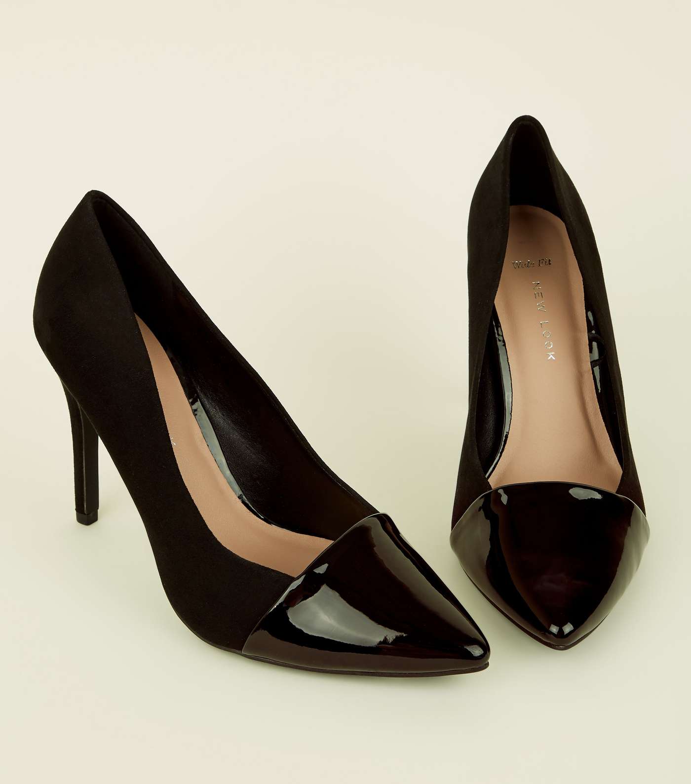 Wide Fit Black Suedette and Patent Pointed Court Shoes Image 4