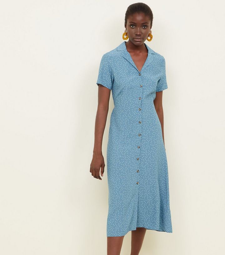 official images outlet preview of Blue Spot Print Button Through Midi Dress | New Look official images outlet preview of Blue Spot Print Button Through Midi Dress | New Look