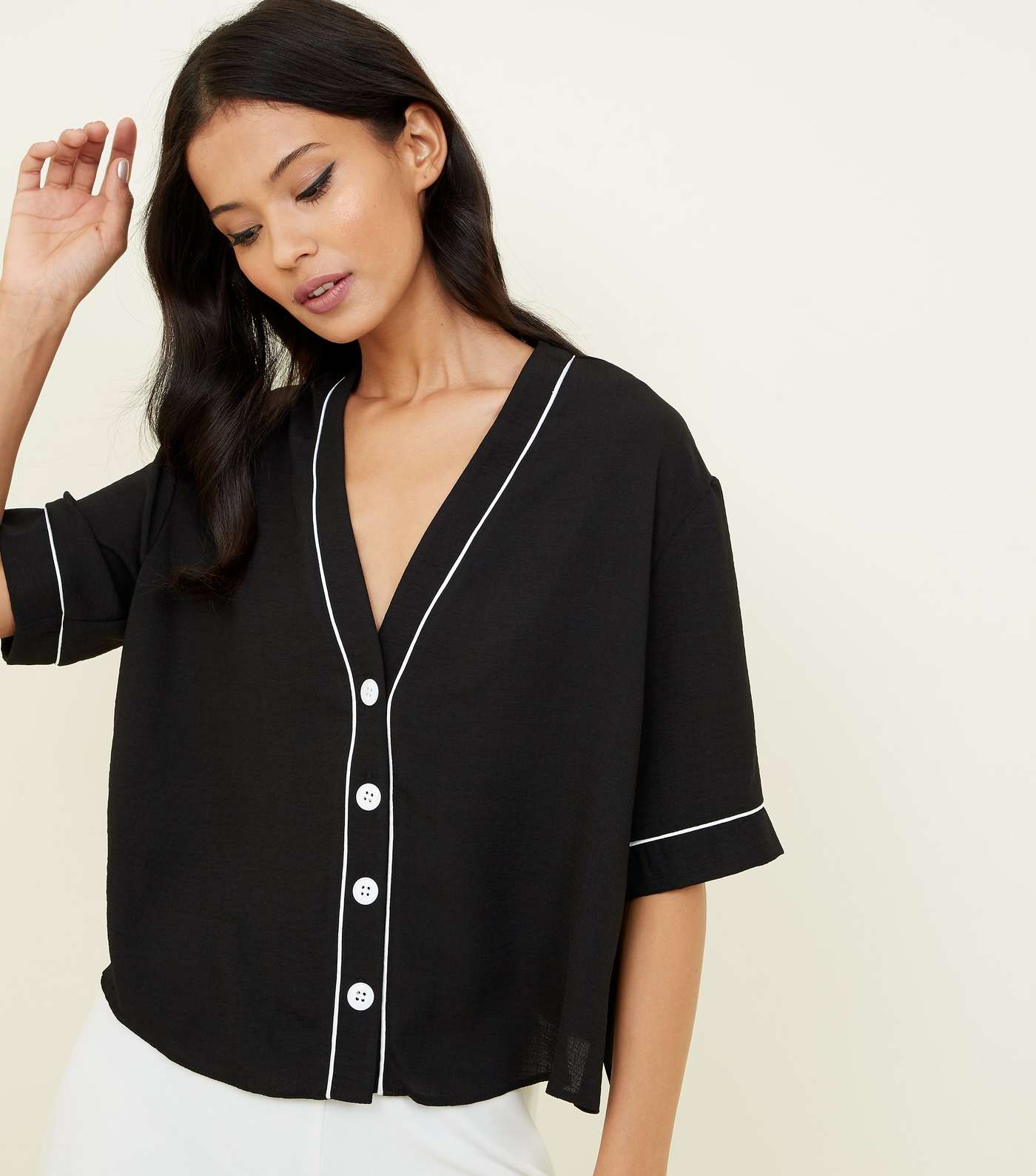 Black Button Front Contrast Piped Boxy Shirt | New Look