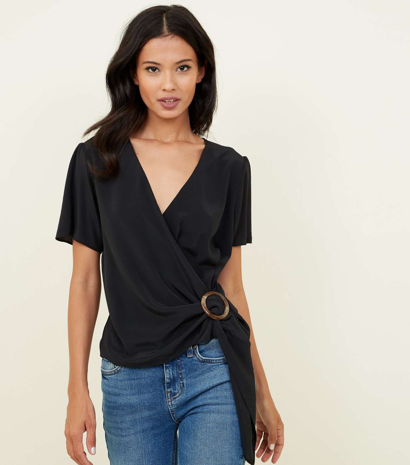 Black Faux Horn Ring Buckle Wrap Top